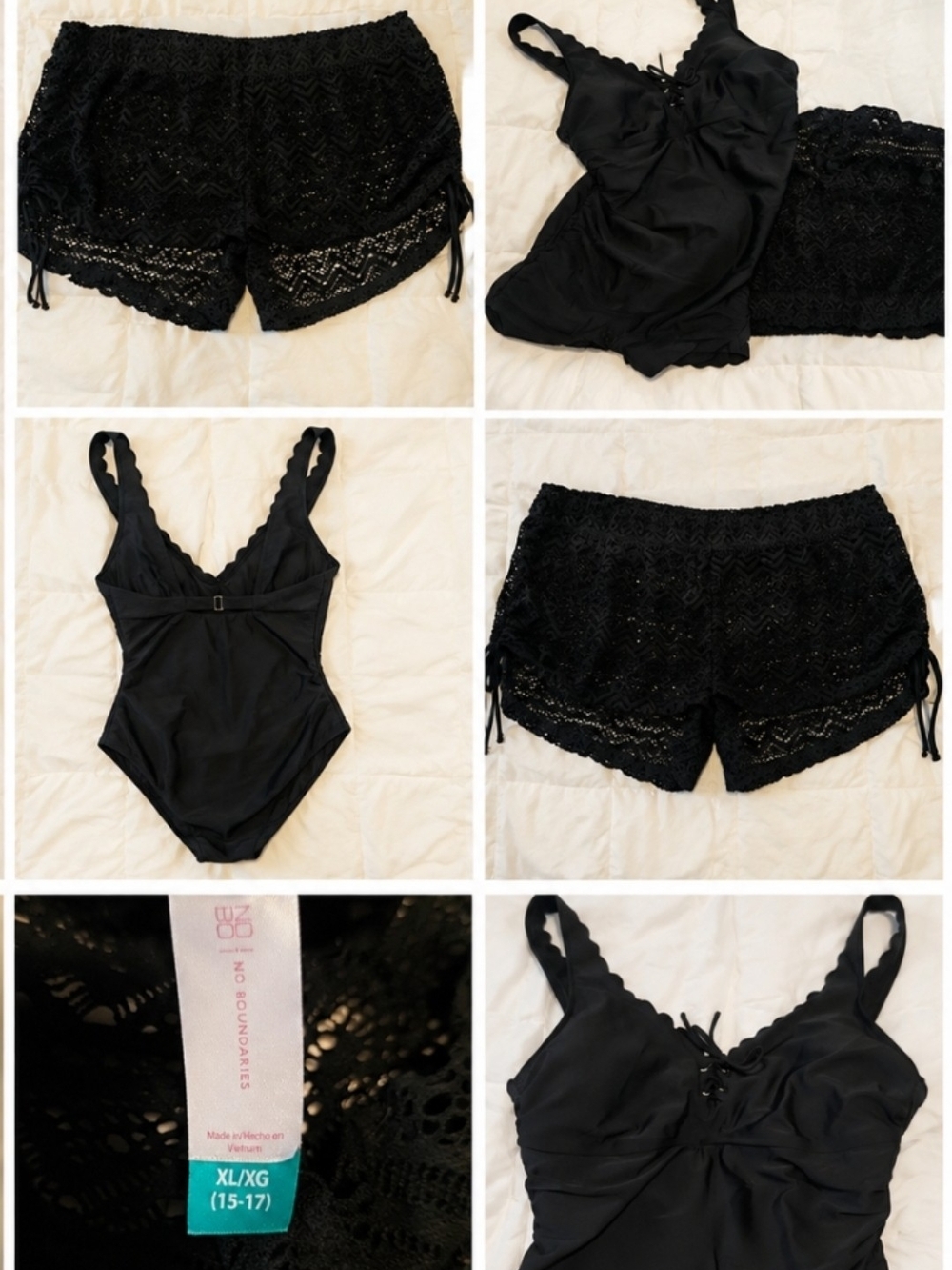 Kona Sol Black One-Piece Swimsuit with No Boundaries Crochet Cover-Up Shorts